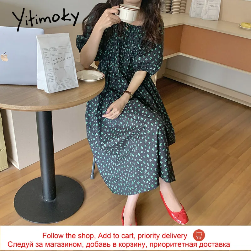 

Yitimoky Vintage Woman Dress Puff Sleeve Square Collar 2021 Summer Fashion Floral Bohemian Folds Elastic Waist Dresses Cotton