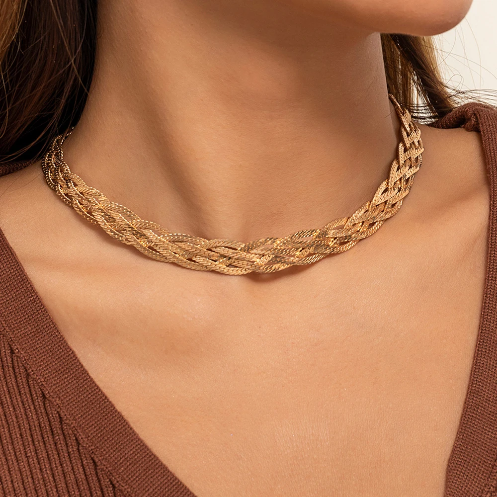 

SRCOI Multilayered Metal Braided Flat Snake Bone Chain Necklace Creative Female Punk Woven Hollow Chokers Neck For Best Friends