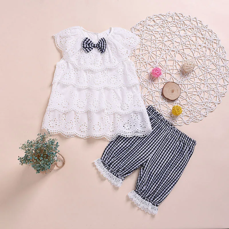 2021 летний комплект одежды для девочек белая кружевная футболка + клетчатые шорты