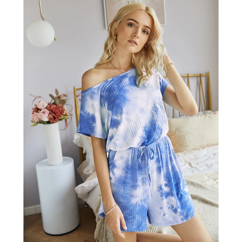

Women Casual Sleepwear Jumpsuit Tie-Dye Tops Shorts Off Shoulder Women Clothes S Size Blue