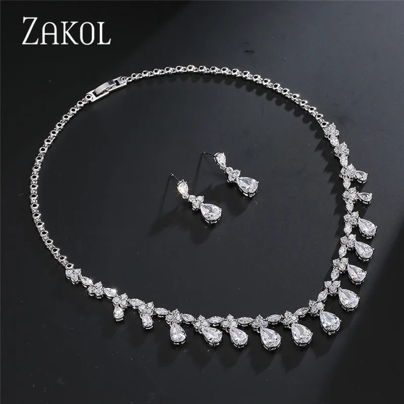 ZAKOL Винтаж Высокое качество кубического циркония Висячие Серьги Ожерелье Набор
