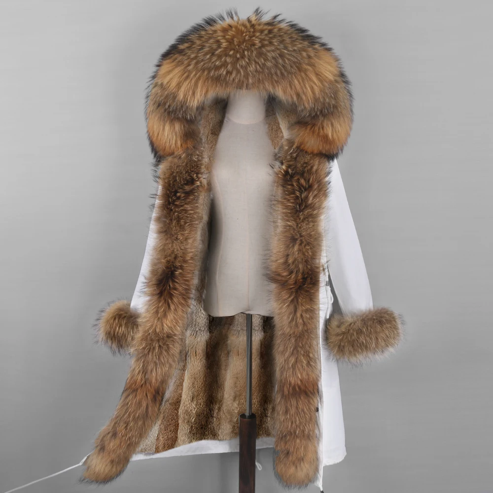 Women Real Fur Coat Winter X-long Jacket White Color Waterproof Fabric Windbreaker Big Fur Collar Removable Outerwear Brand