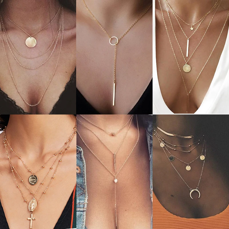 

Vintage Multilayer Crystal Pendant Necklace Women Gold Color Beads Moon Star Horn Crescent Choker Necklaces Jewelry New