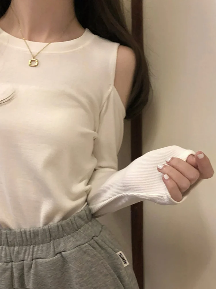 Черная женская футболка с открытыми плечами и длинным рукавом новинка 2021 осенняя