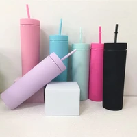 16oz acrylic skinny tumblers matte colored plastic cups with lids and straws double wall acrylic tumblers for drinking milk