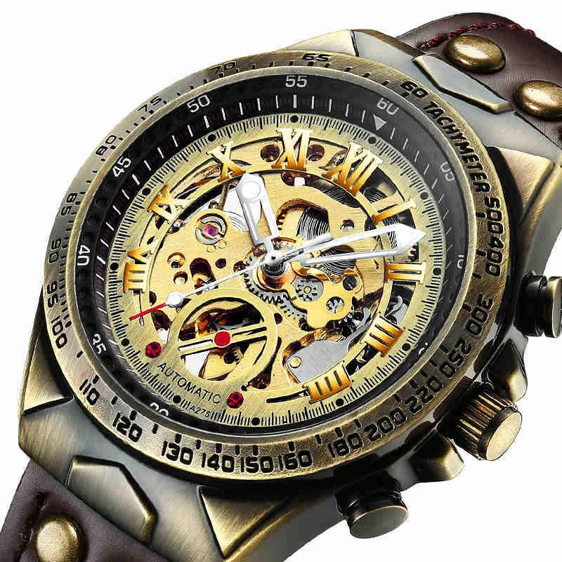 

2021 New Automatic Mechanical Waterproof Man's Wristwatch British Style Coated Glass Mirror Vintage Hollow Watch for Unisex