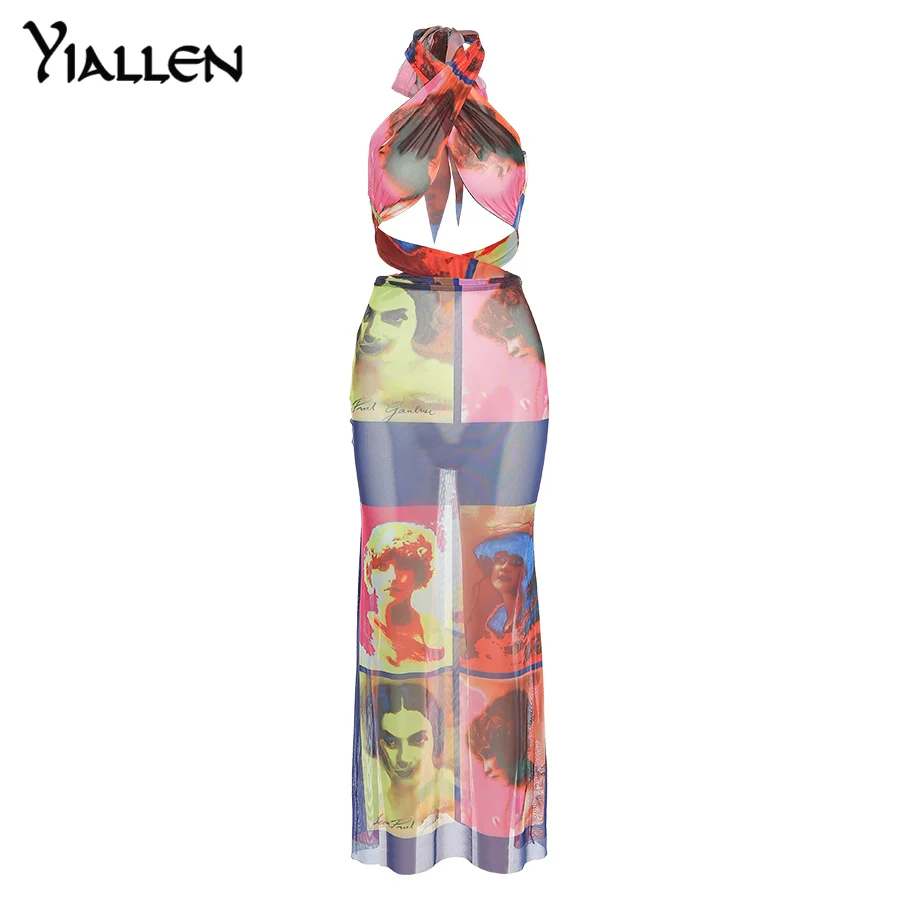

Yiallen Print Maxi Dress Women Sexy See Through Sleeveless Neck-Mounted Bandage Backless Midnight Party Beach Club Apparel Hot