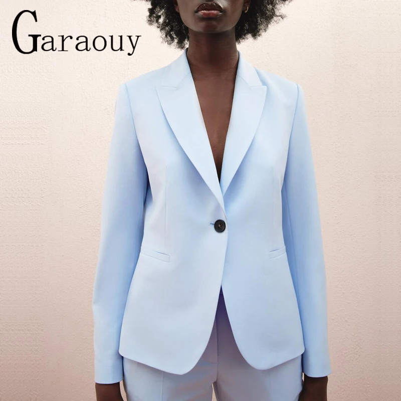 

Garaouy 2021 New Women Autumn Light Blue Single Button Blazer Coat Vintage Notched Collar Pocket Fashion Female Casual Chic Tops