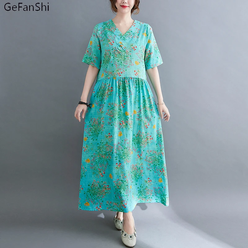 

Женское платье с V-образным вырезом, хлопково-льняное платье с винтажным принтом, повседневное свободное элегантное офисное платье с коротк...