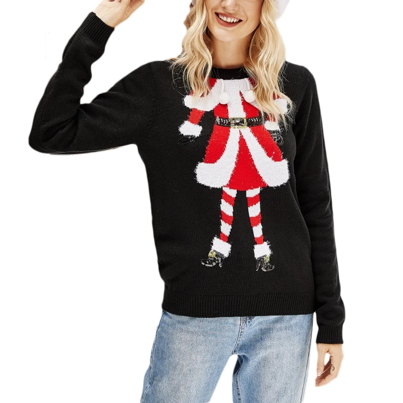 

Women Christmas Long Sleeve Sweater Funny Santa Claus Sequins Pompom Jumper Tops U90E
