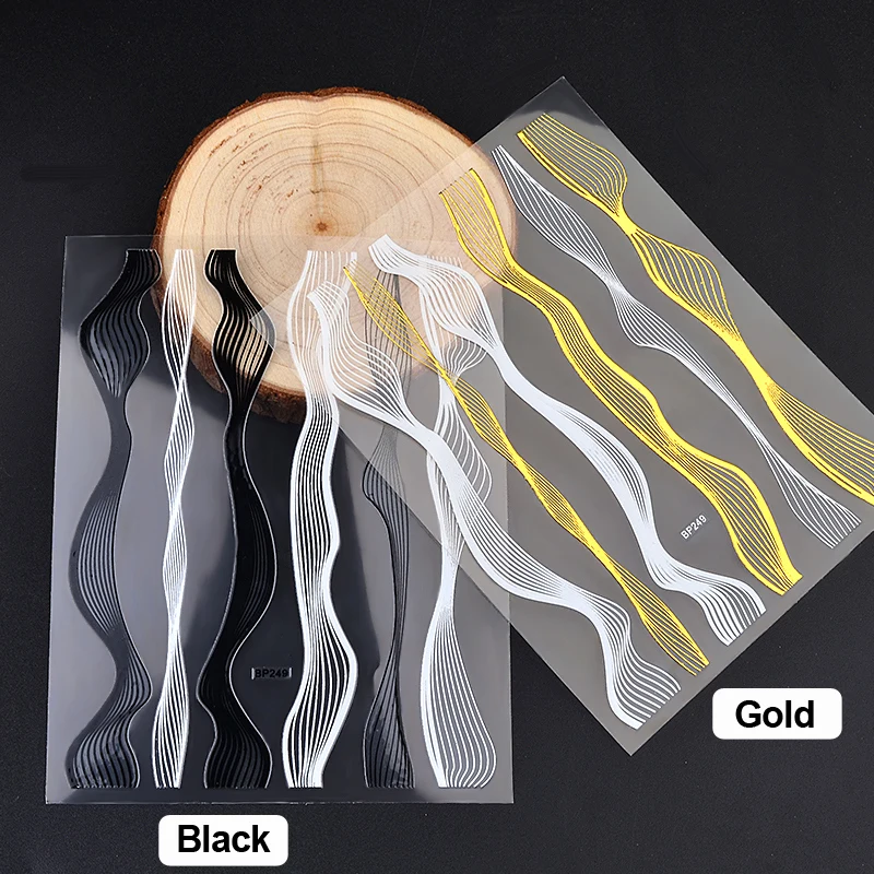 1 шт. волнистые золотистые черные 3d клейкие металлические наклейки для ногтей DIY