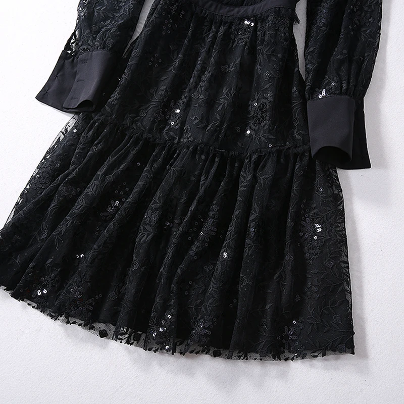 

AELESEEN Autumn Fashion Black Party Dress Women Ruffled Elegant Lace Flower Embroidery Sequined Ladies Holiday A-Line Dress