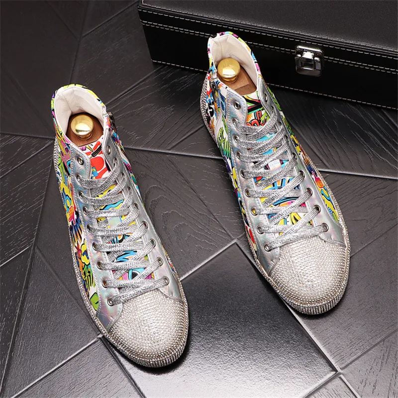 Jual Sepatu Pria Berlian Imitasi Mewah Sneakers Atasan Tinggi Sepatu Bot Pergelangan Kaki Datar Kasual Penambah Tinggi Grafiti Hip-Hop Zapatillas Hombre