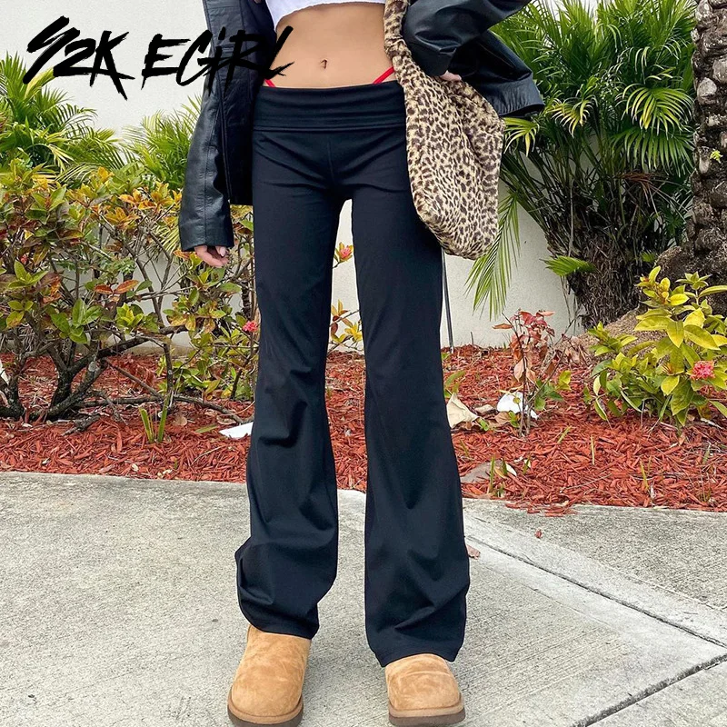

Y2K EGIRL Harajuku Streetwear Low Waist Black Flare Pants Y2K Vintage Slim Full Length Straight Trousers Summer E-girl Outfits