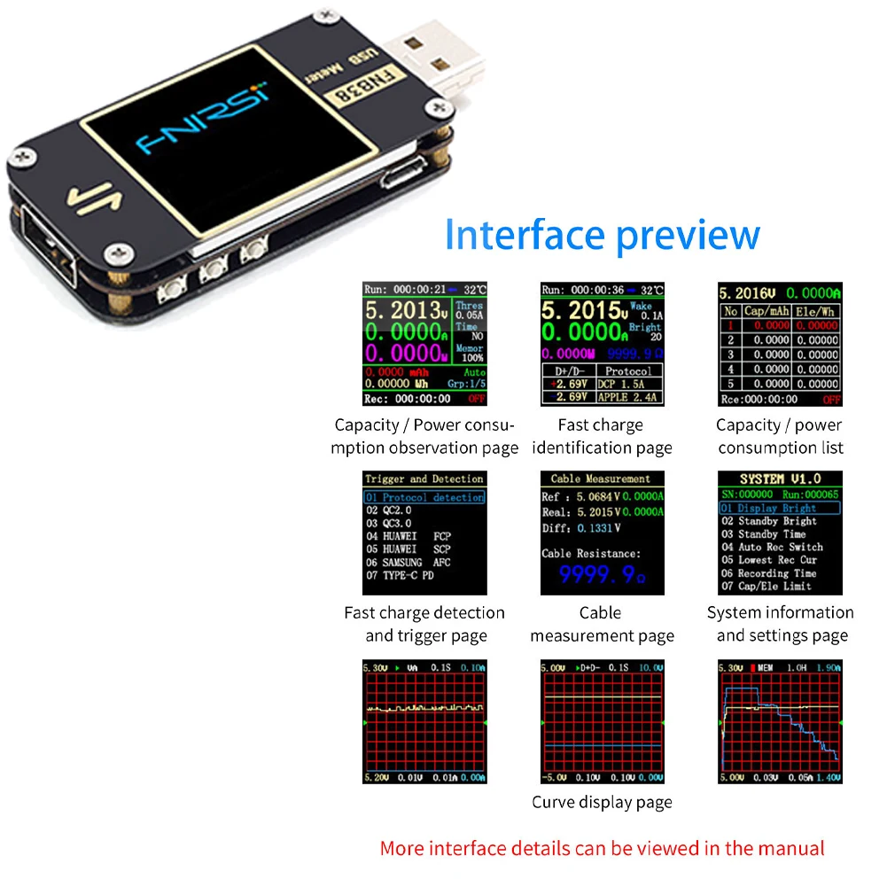 

USB Power Meter USB Voltage Current Meter FNB38 Multimeter QC4+ PD3.0 2.0 PPS Fast Charging Intelligent Protocol Capacity Test