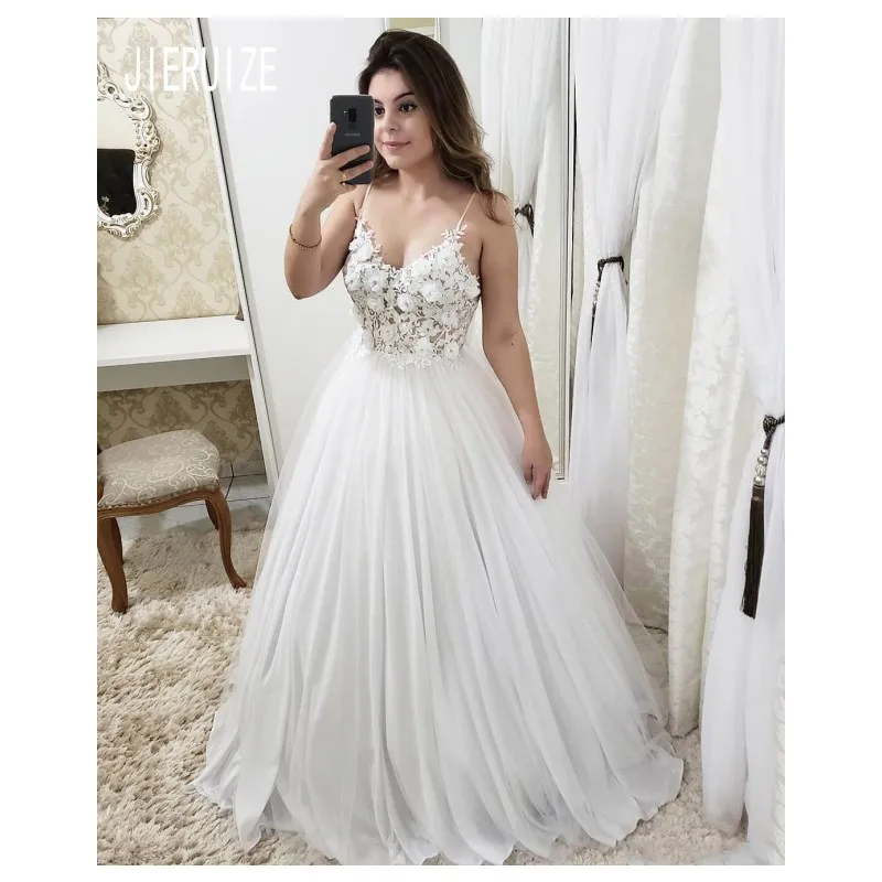 JIERUIZE Sexy Flowers Wedding Dresses 3D-Floral Appliques Illusion Bodice Spaghetti Strap Beach Bridal Gowns robe de mariee | Свадьбы и