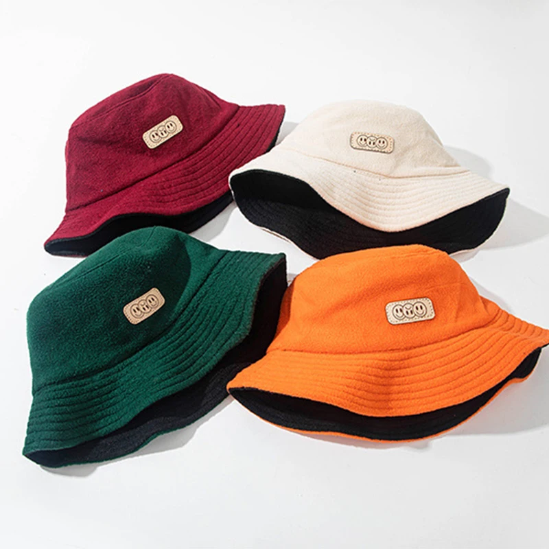 

2020 Woolen Fisherman Hat Unisex Bucket Hats Women Men Autumn Winter Sun Hat Smiley Face Double-sided Wear Sunshade Sunscreen