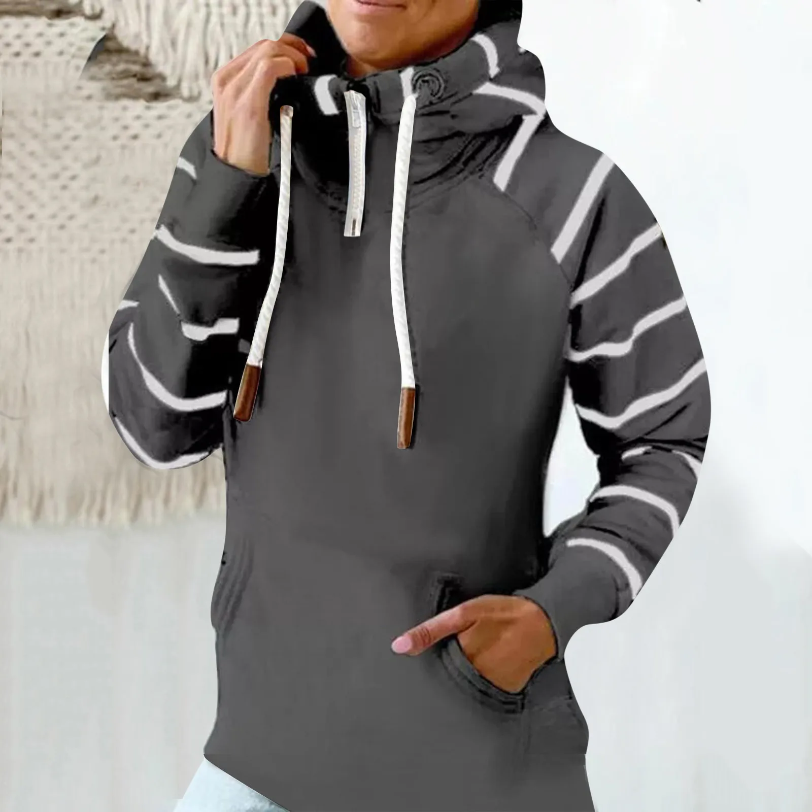 

Autumn Turtleneck women Sweatshirts Stitching Long Sleeve Hooded Sweatshirt fashion Drawstring Pocket Pullover Tops moletom