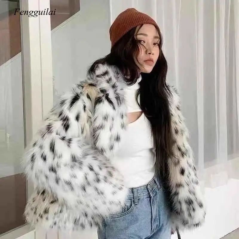 Winter New Faux Fox Fur Coat Woman Korean Casual Lazy Leopard Jackets for Woman Fashion Soft Thick Warm Coats Mujer
