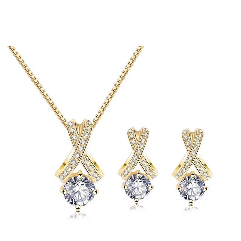 Cross Strap Sharp Setting Cubic Zirconia Necklace Earrings Set Gold and Silver Color Party Jewelry Sets for Woman | Украшения и