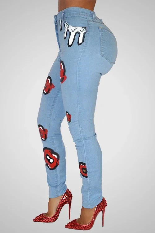 

Quick new print stretch jeans women's high waisted slim leg jeans