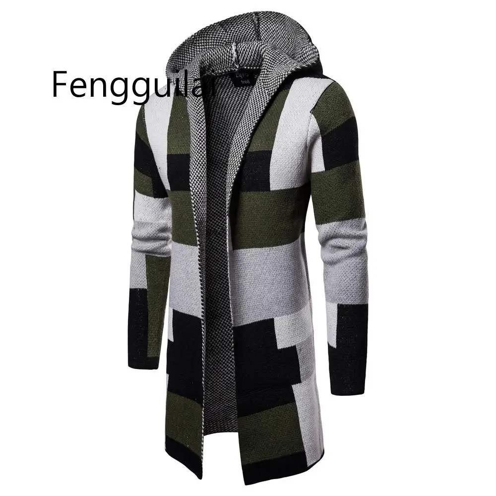 

Men Striped Cardigan Coat Sweaters Hooded Cloak Long Windbreaker Cloak Coat Knitted Sweater Big Size 5XL Cardigans Outerwear