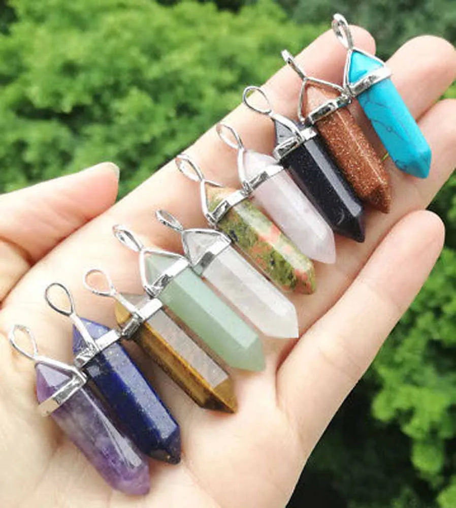 

10pcs Stone Pendants Healing Pendant Bead Amethyst Lapis Tiger Eye Stone Hexagon Point Chakra Crystal Natural Gemstone