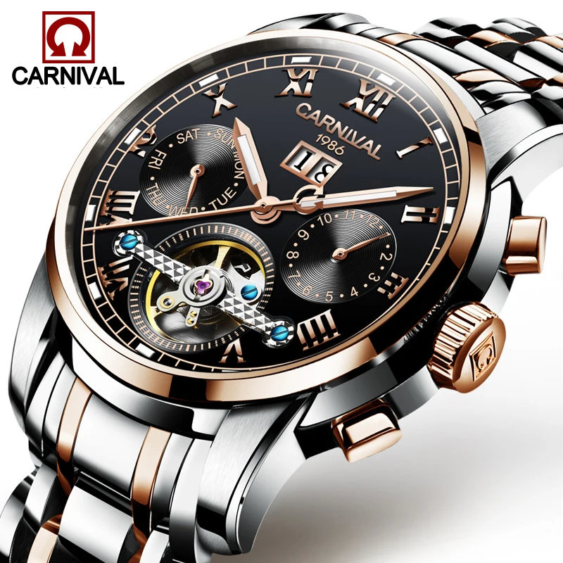 Enlarge Carnival Brand Fashion Tourbillon Watch For Men Luxury Mechanical Watch Waterproof Casual Sapphire Month Week Date Display Reloj