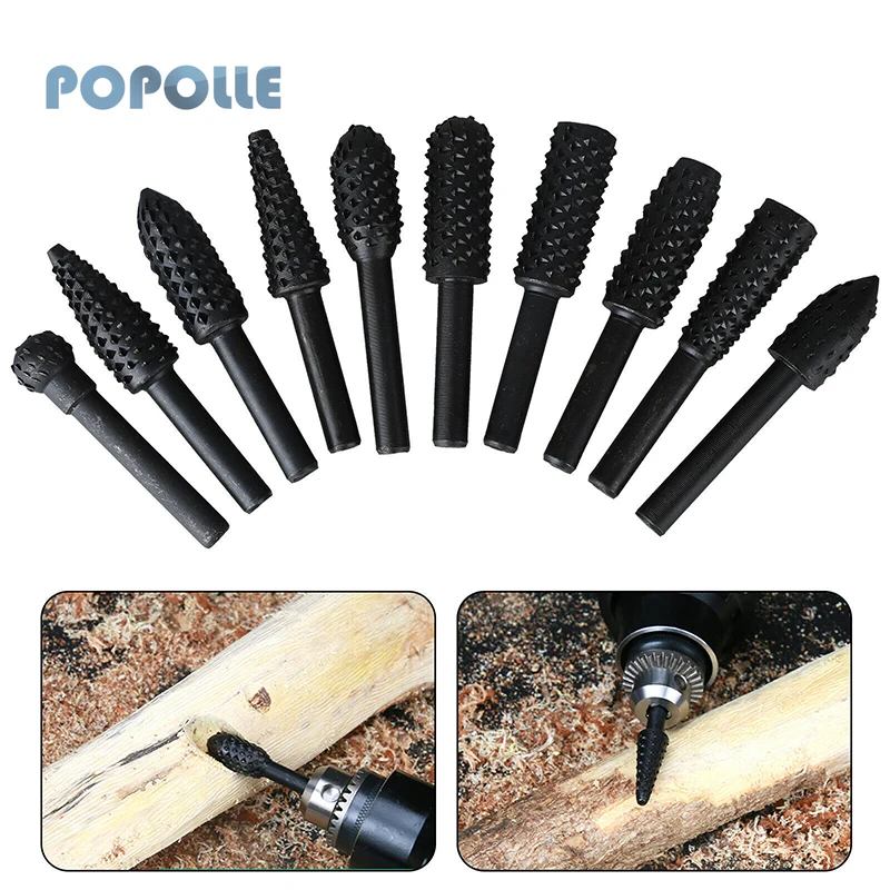 Woodworking Grinding Rotary File Hexagonal Handle High Speed Steel Burr File 10pcs Set Wood Carving Electric Drill Grinding Tool