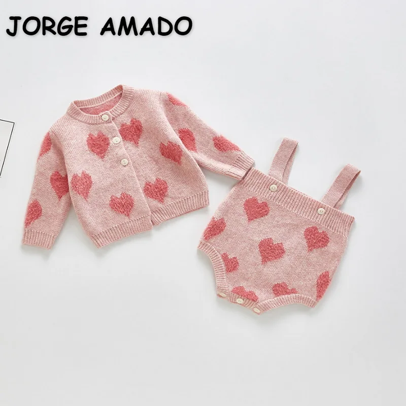 Conjuntos de oto&ntilde;o para ni&ntilde;as peque&ntilde;as, body con tirantes de coraz&oacute;n de amor + su&eacute;ter de punto abierto con cuello redondo de manga larga, trajes para ni&ntilde;os, E9302, 2021-0