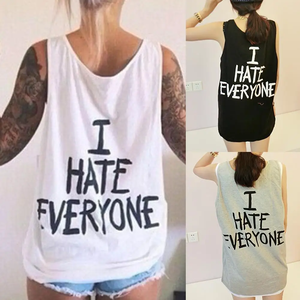 Hot I HATE EVERYONE Letter Printed Solid Color Vest Sleeveless O Neck Tank Top Sexy Femme For Women | Женская одежда