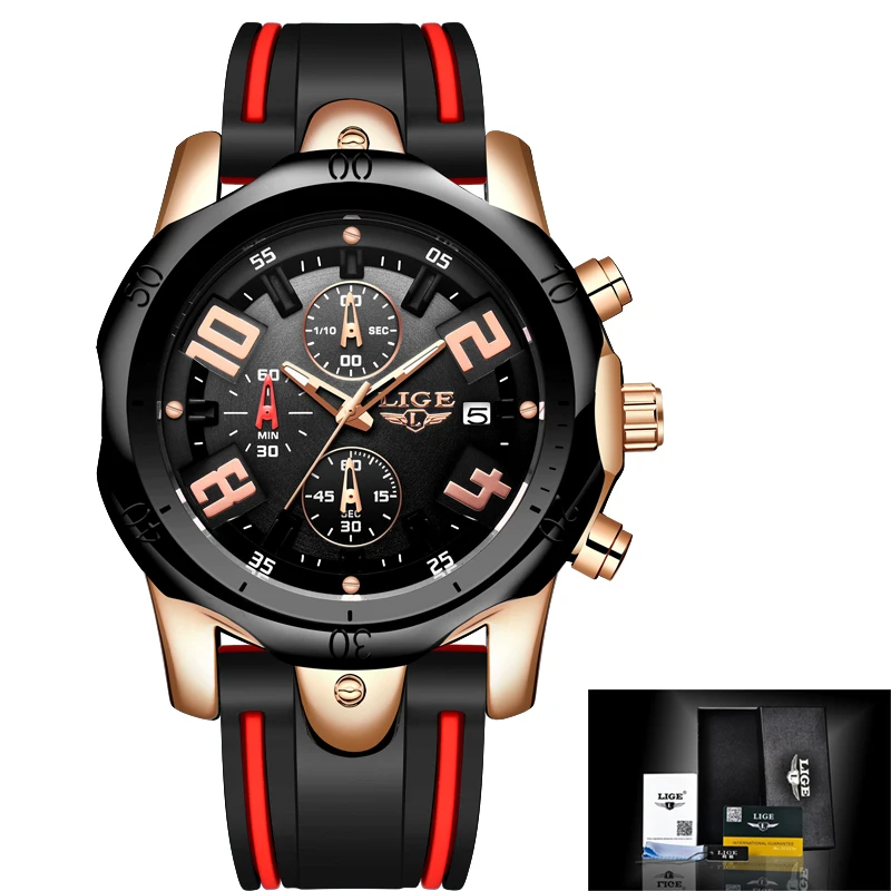 

LIGE New Mens Watches Top Brand Luxury Military Sports Watch Men Silicone Waterproof Wristwatch Analog Chronograph Clock+Box