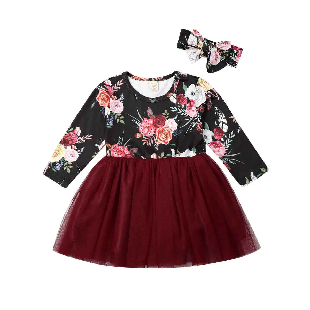 Платье для девочек 2019 платье маленьких с цветами принцессы длинным рукавом