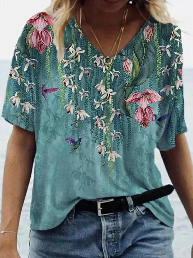 

T shirt Fashion 2021 Large Size Tops Women Casual V Neck Shirt Tees Ladies Loose Floral Print Tunic Shirt
