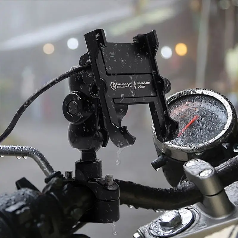 

Waterproof Metal Motorcycle Smart Phone Mount with QC 3.0 USB Quick Charger Motorbike Mirror Handlebar Stand Holder for Samsung