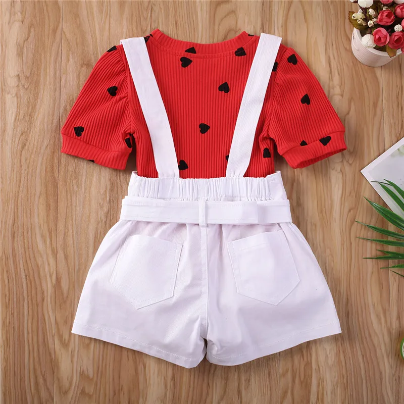 1-6Y Valentine Day Toddler Kid Baby Girl Heart Short Sleeve Tops T-shirt Bib Suspender Shorts Pants 2Pcs Set Clothes Outfit |