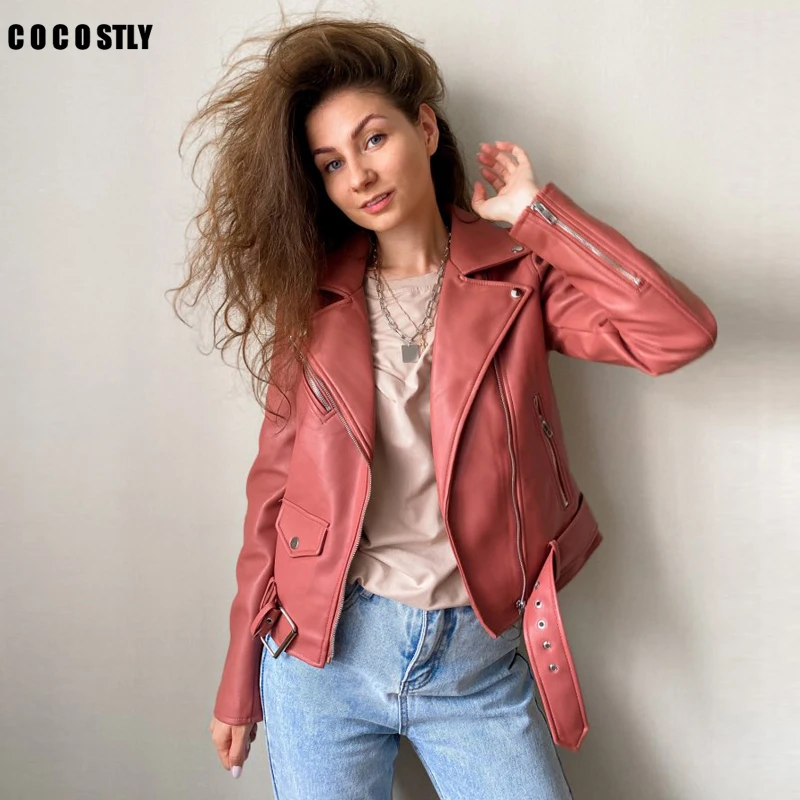 

New 2021 Autumn Sashes Pu Faux Leather Jacket Women Zipper Slim Short Biker Jackets Coat Female Outwear Tops casacos feminino