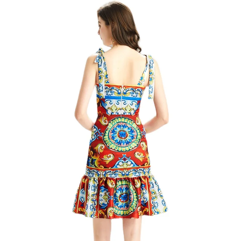 

Merchall Fashion Runway Summer Dress 2021 New Women's Bow Spaghetti Strap Backless Vintage Floral Print Short Mini Dress