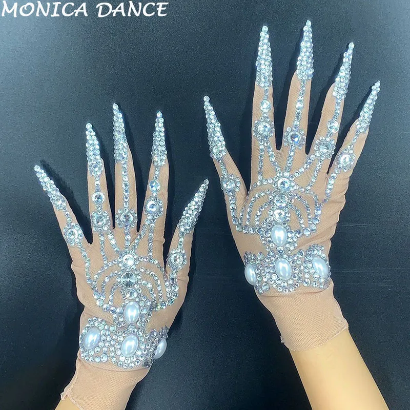 

Women Sparkling Crystal Mesh Perspective Short Gloves Fashion Stretch Rhinestone Nightclub Dancer Singer Stage Accessories
