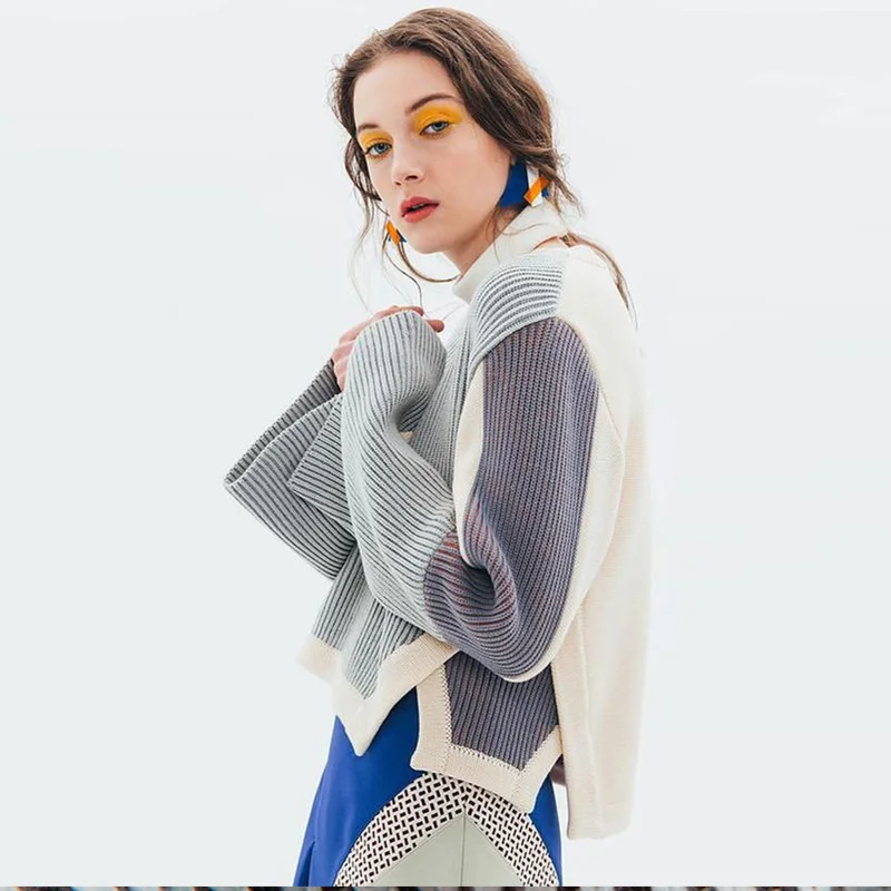 Женский свитер с круглым вырезом CLUXERCER Асимметричный свободный Однотонный