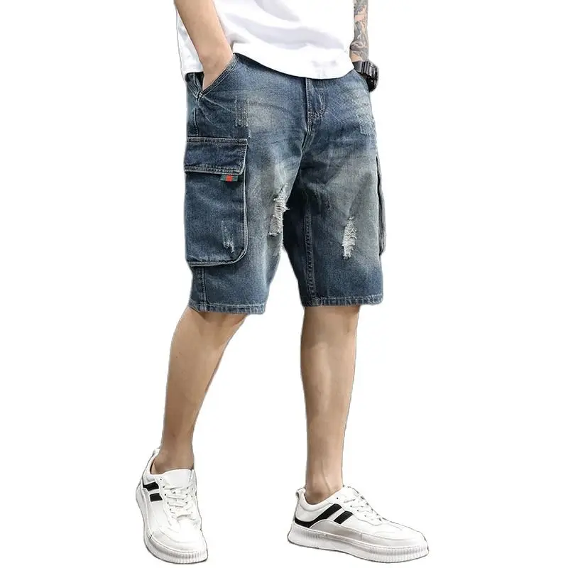 2021Summer thin  jeans for men popular logo loose multi-pocket overalls for men casual ripped shorts shorts for men summer