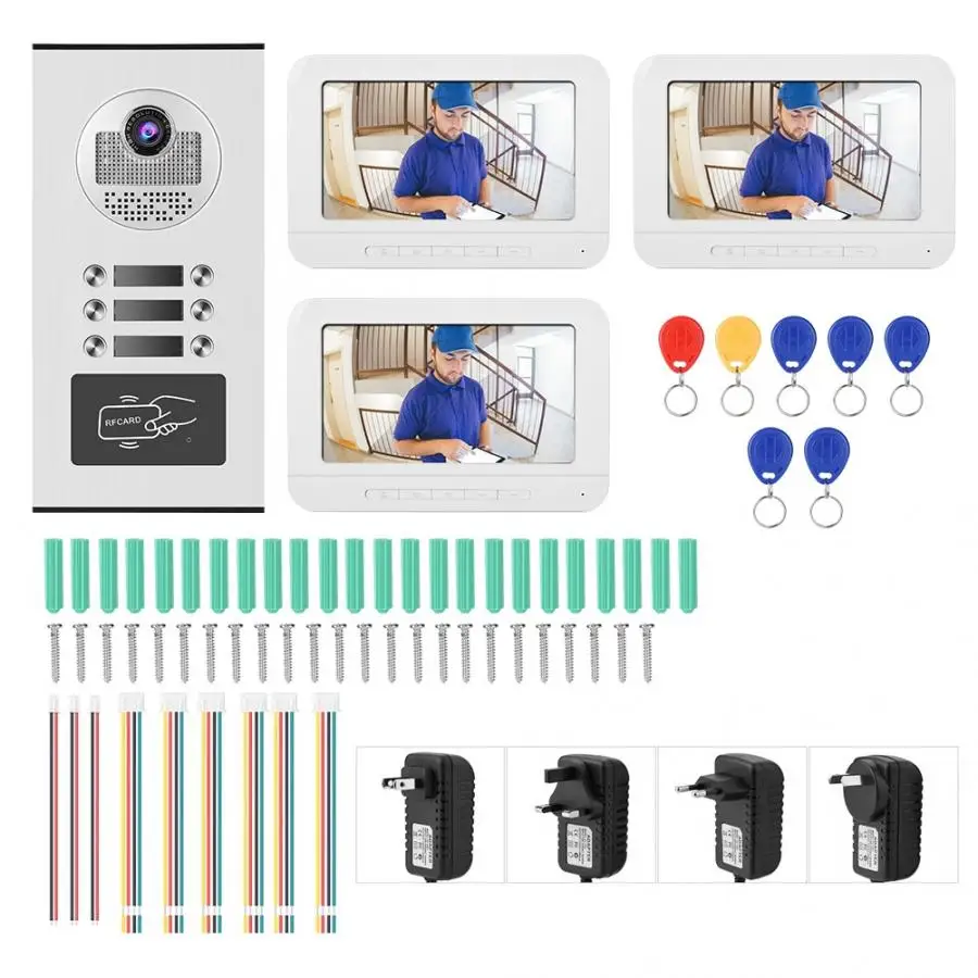 Цифровой дверной звонок камера 7 дюймов видеодомофон телефон двери RFID 3 квартиры