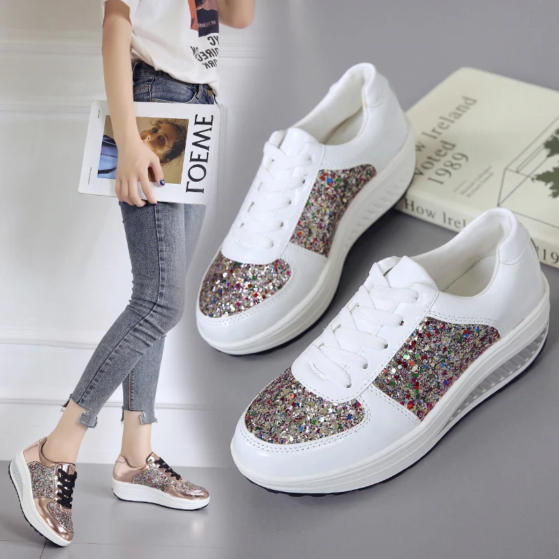 

Wedges Shoes Women Spring Autumn Fashion Zapatillas Mujer Casual Platform White Sneakers Shining Rhinestone Ladies Shoes Woman