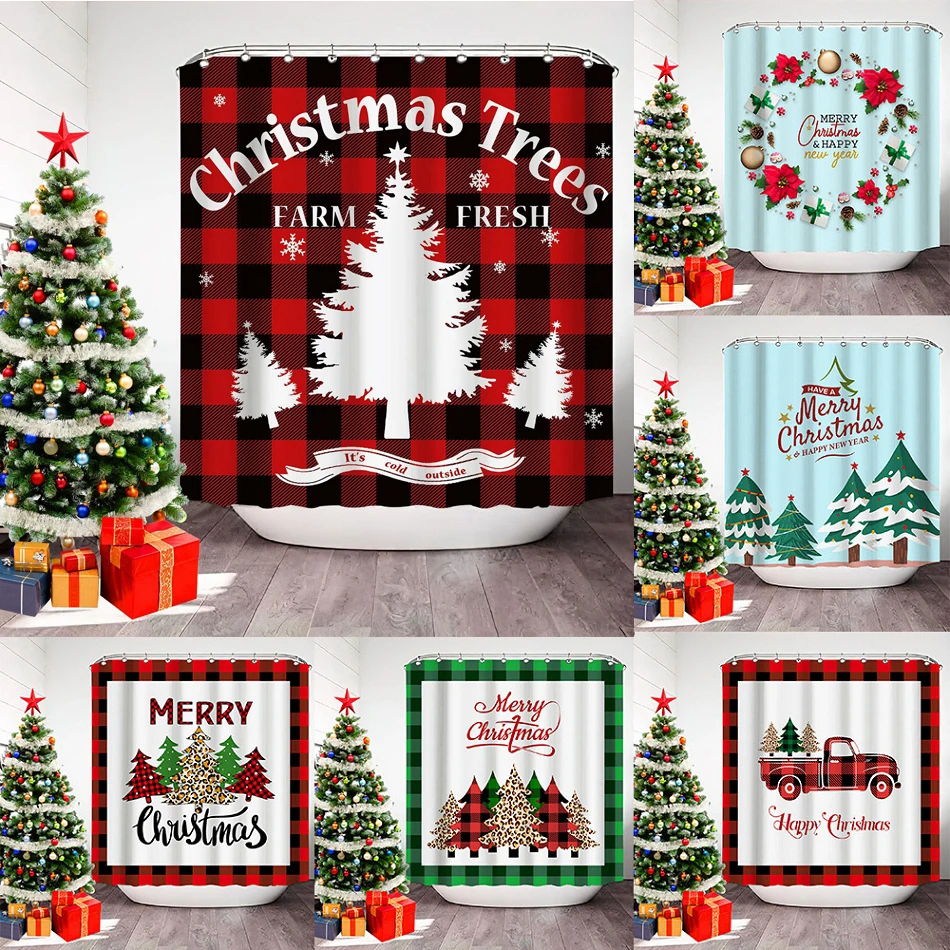 

Christmas Shower Curtain Red Black Buffalo Bathroom Decor Waterproof Polyester with Hooks Happy New Year Event Party Xmas Gifts
