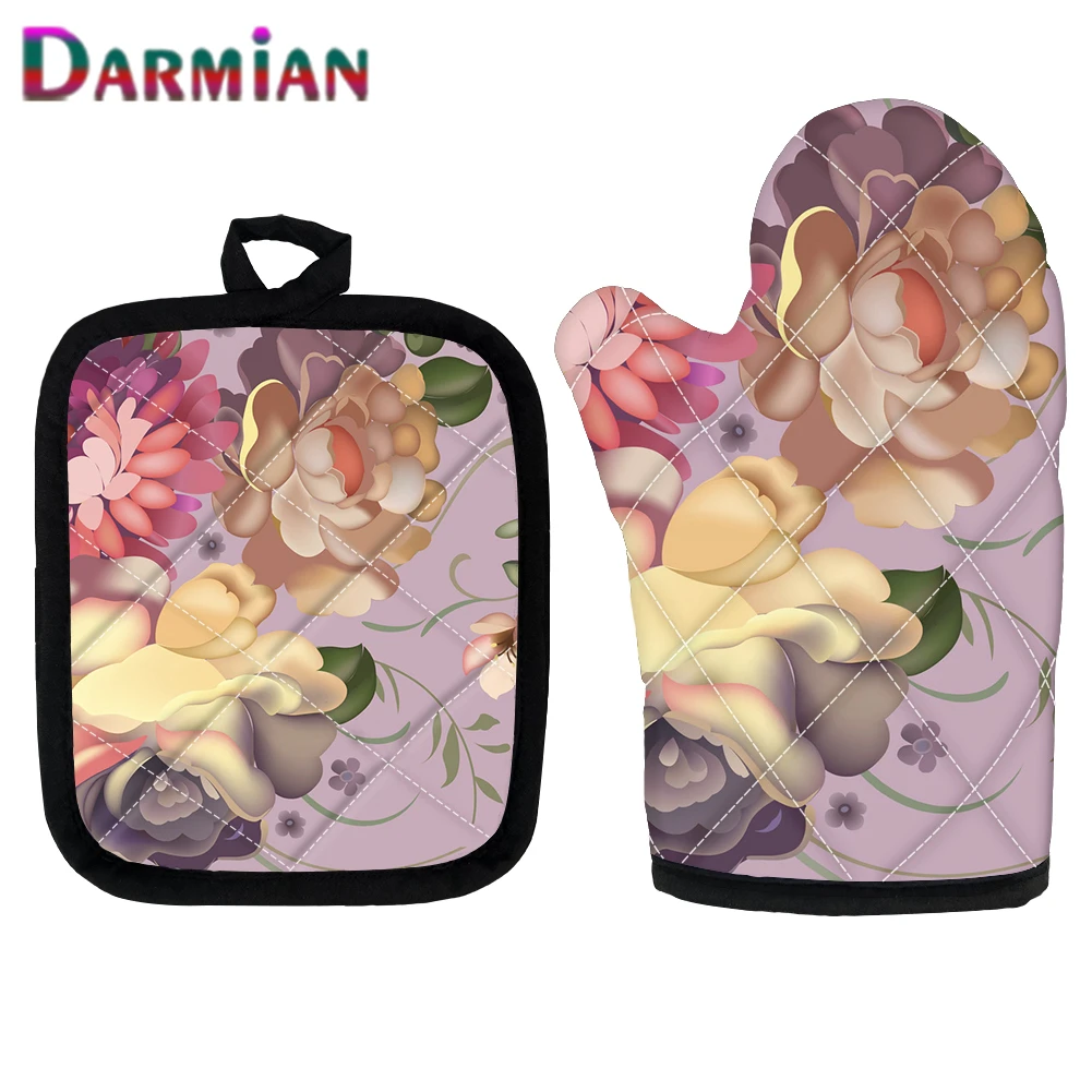 

DARMIAN Heat Resistant Kitchen Cooking Gloves Retro Russian Flowers Pattern Insulated Microwave Oven Mitts Non-Slip Potholder