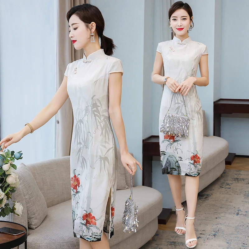 Женское платье в китайском стиле длинное летнее с короткими рукавами модель 2020