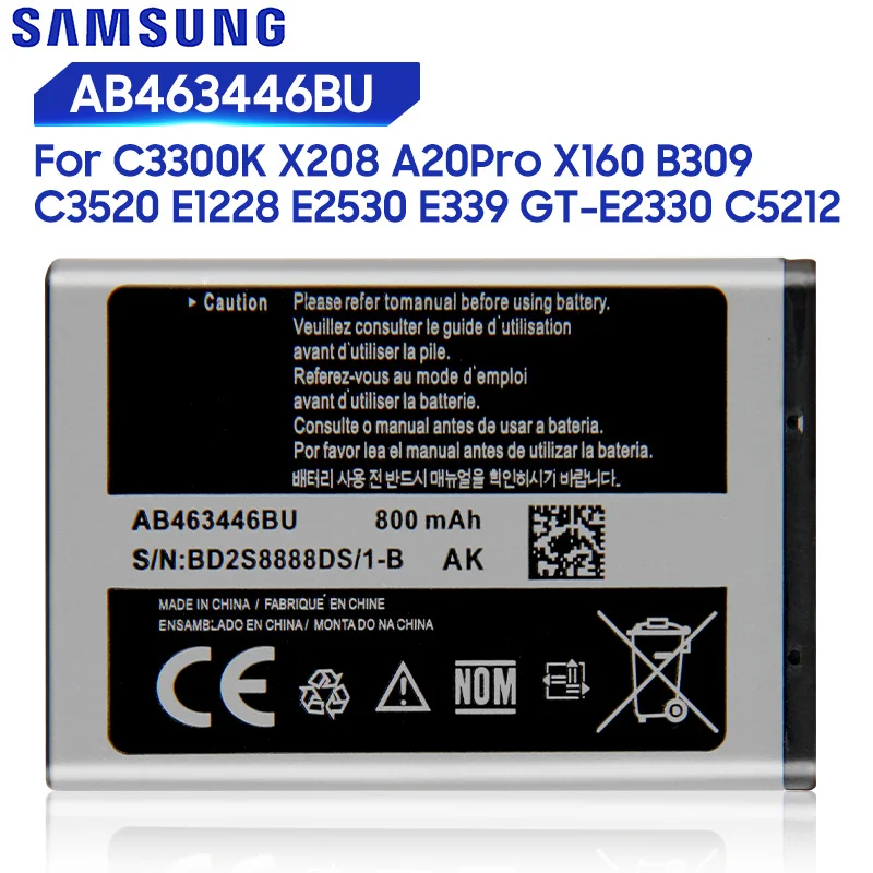 

Оригинальная батарея для телефона Samsung AB043446BE AB463446BU C3300K X208 F299 E2330C E329i B189 C408 E1190 X520 F258 800 мАч