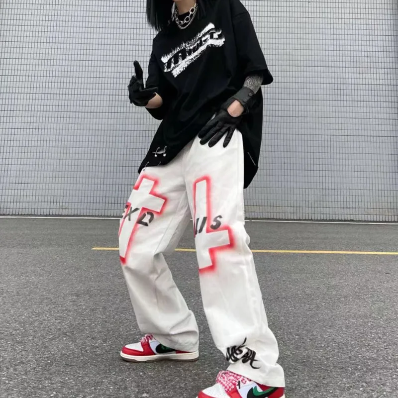 

Y2KROBE Harajuku Streetwear Gothic Cyber Emo Pants Graphic Women Dark Aesthetic Pantalon Punk Cross Trousers Black White Indie