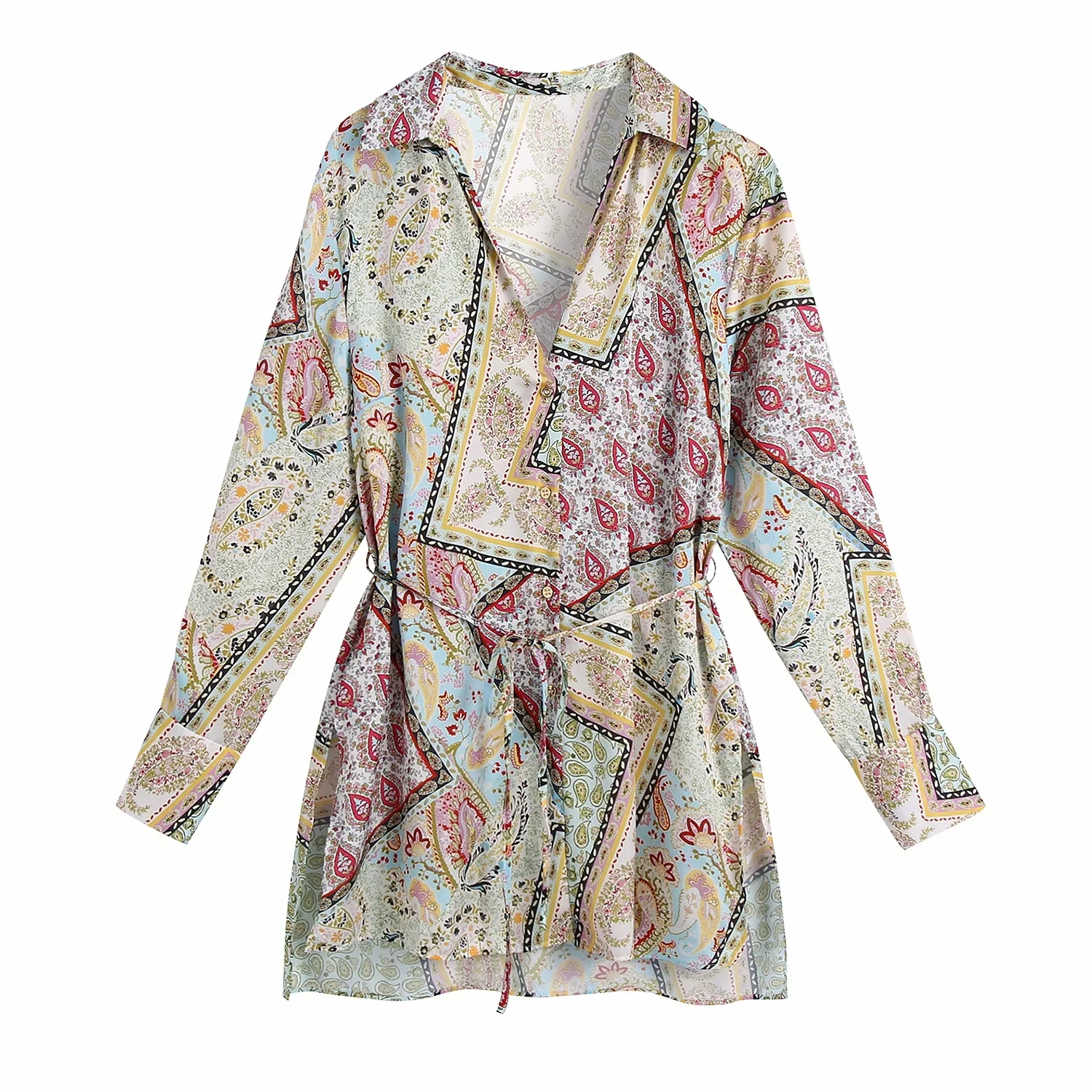 

Za New Women Retro Floral Print Simple Style Loose Long Sleeve Long Shirt Casual Chic Lace Up Tops