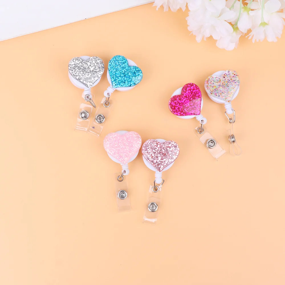 

6pcs Colorful Nurse Badge Holder Creative Rhinestone Heart Shape Nurses Retractable ID Badge Reel Clips
